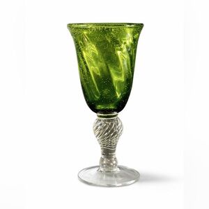 Hand Blown Art Glass Goblet Green Bubble Bowl Clear Twisted Stem 7.5”